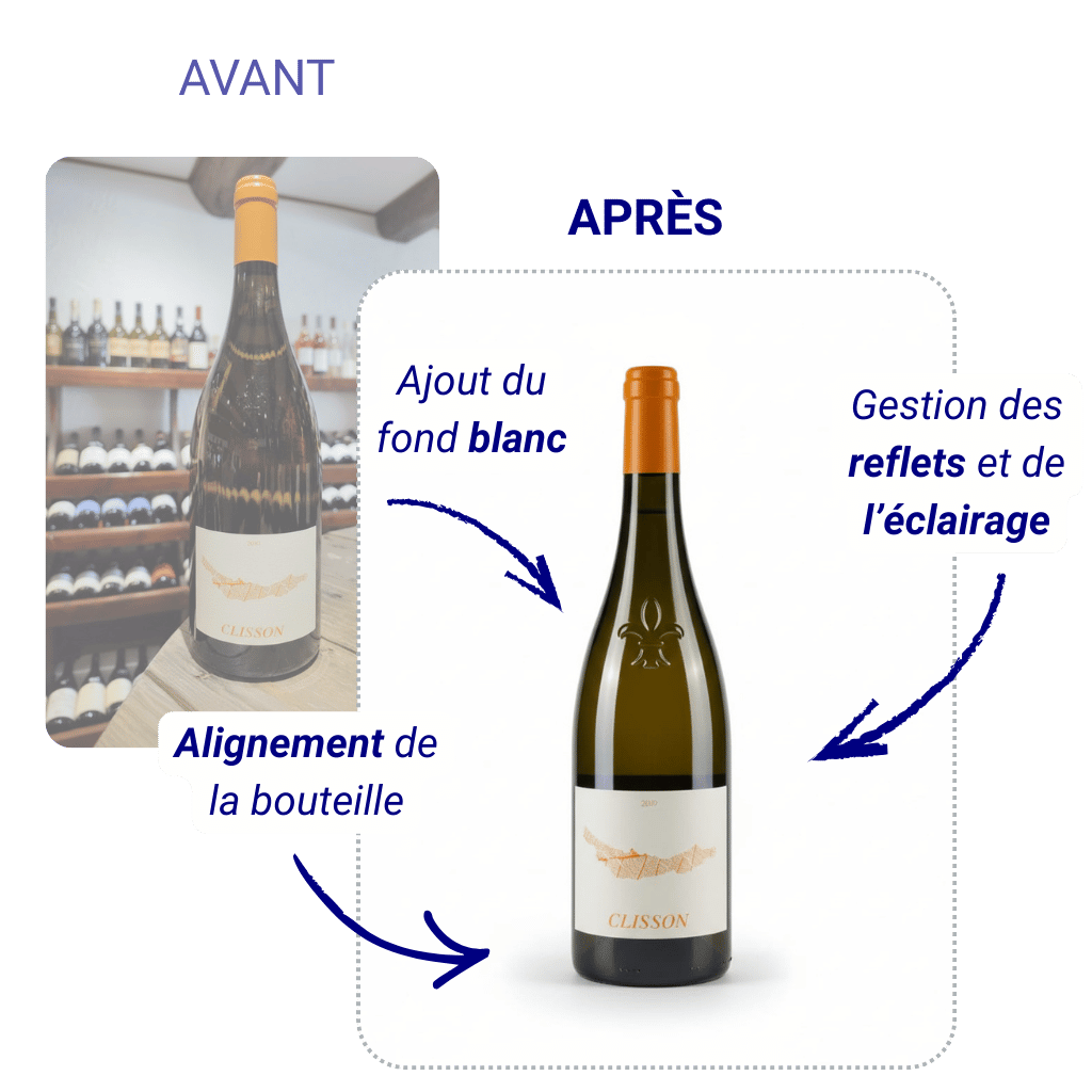 Démonstration avant/après du traitement d'une photo de bouteille de vin par VinPortfolio