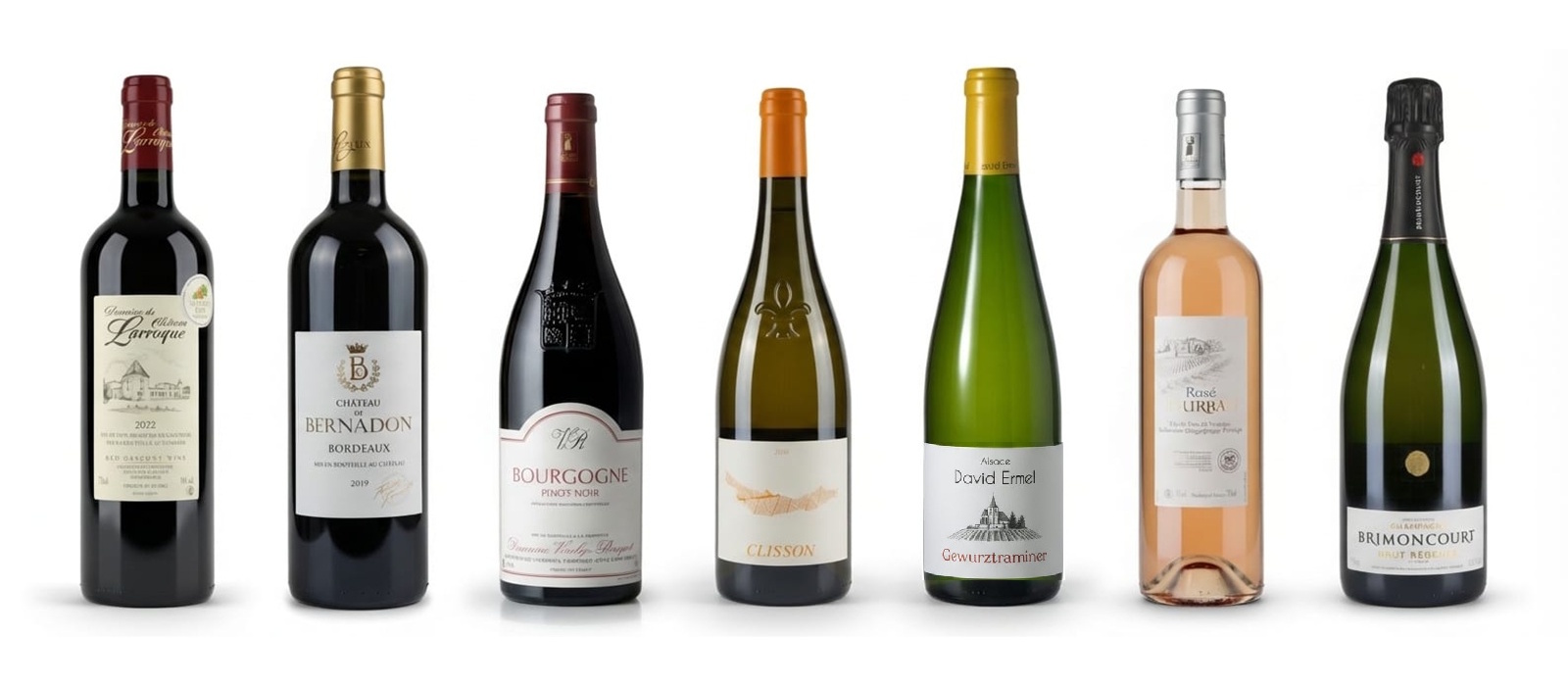 Rangée de bouteilles de vin de différentes formes et couleurs