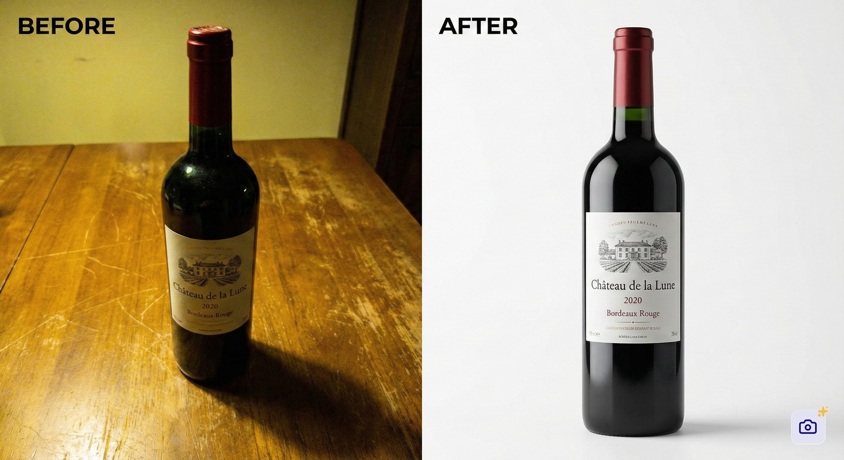 Comparaison avant après photo bouteille vin IA réaliste