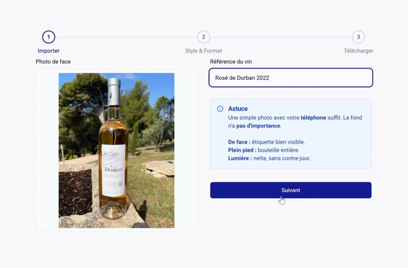 Interface du studio VinPortfolio montrant les trois étapes
